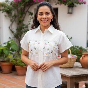 Landy Mexican Shirt Vintage Embroidered Floral Button Front Blouse 100% Cotton S
